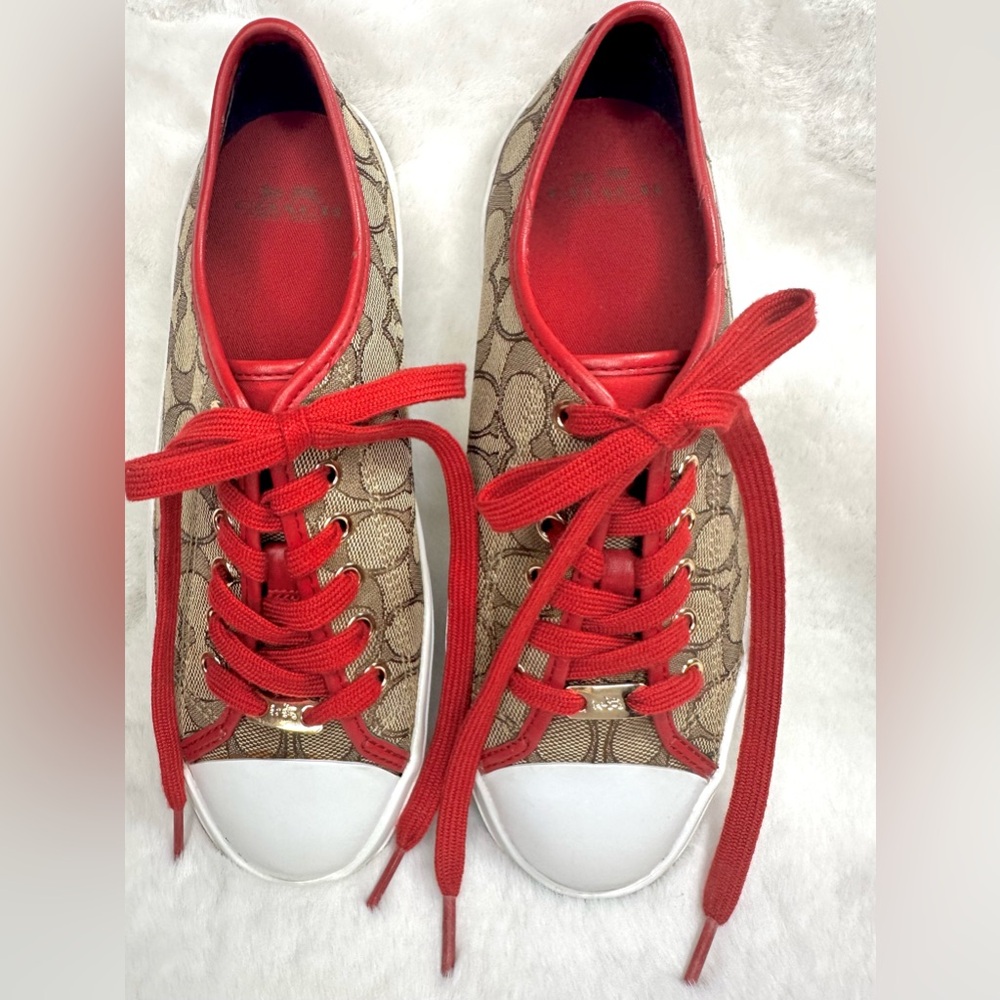 Coach Empire Outline Red & Tan Canvas Sneakers Size 8 - Picture 3 of 9